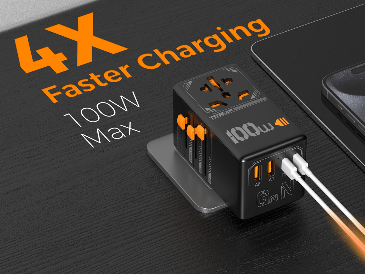 TESSAN - International 100W GaN Plug Adaptor with 2 USB C and 2 USB A Charging Ports , Black