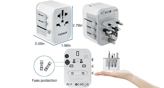 TESSAN - Universal Travel Plug 17W, international Power Adapter with 3 USB Port