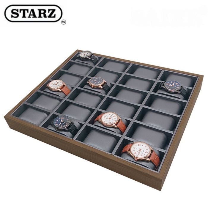 24 Slots Wooden Watch Storage Display Tray , Brushed Grey PU