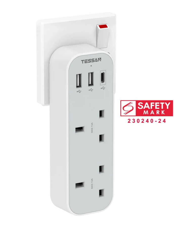 TESSAN - SG Safety Mark Multi Double Plug with 2 USB and 1 C Port