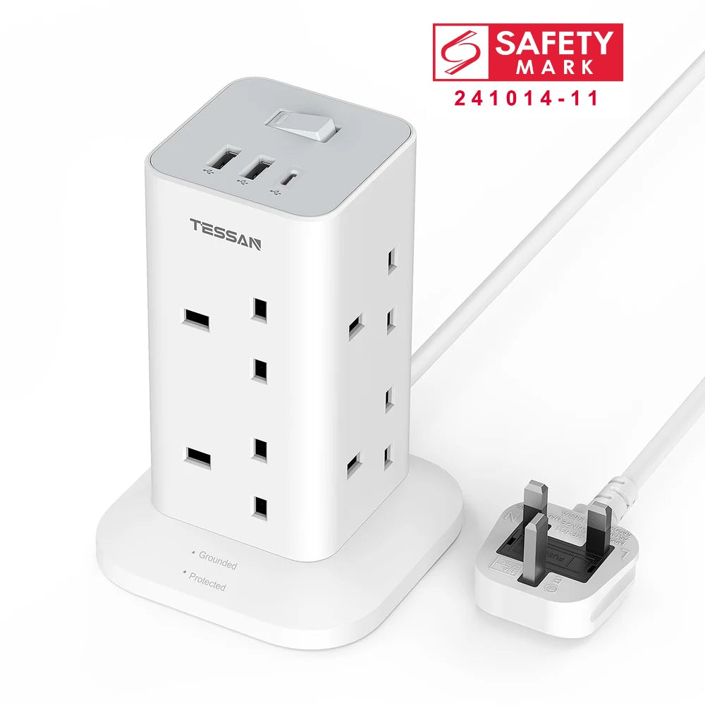 TESSAN - SG Safety Mark Tower Plug with 8 Sockets & USB Port , White