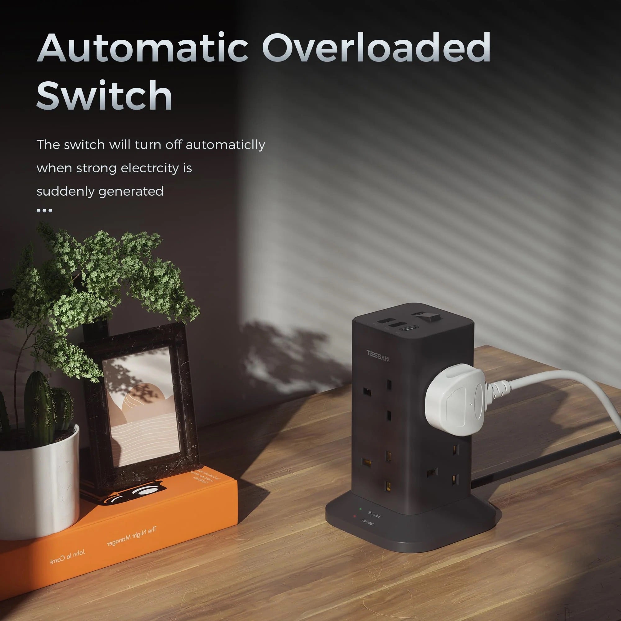 TESSAN - SG Safety Mark Tower Plug Extension with 8 Sockets & 3 USB Port , Black