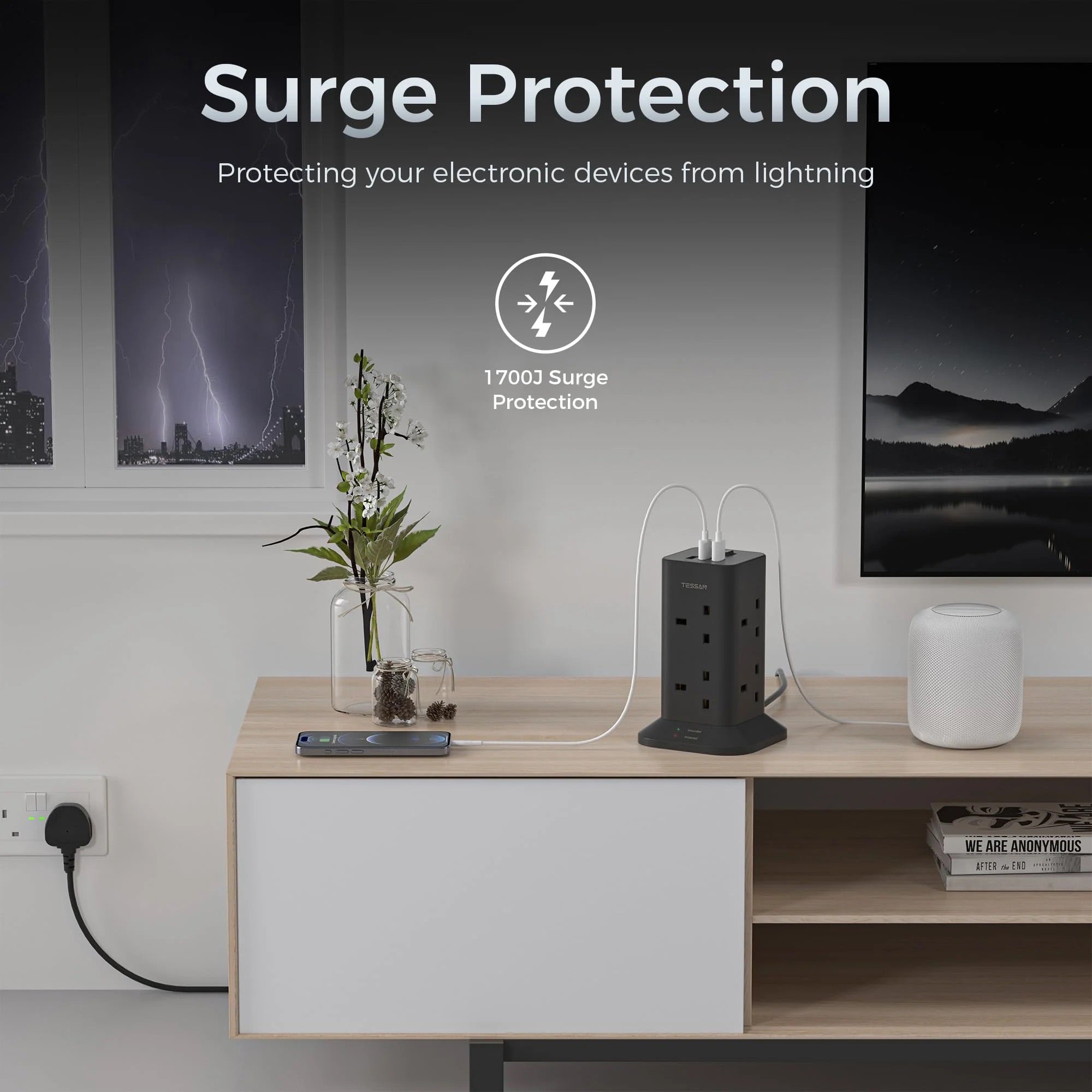 TESSAN - SG Safety Mark Tower Plug Extension with 8 Sockets & 3 USB Port , Black