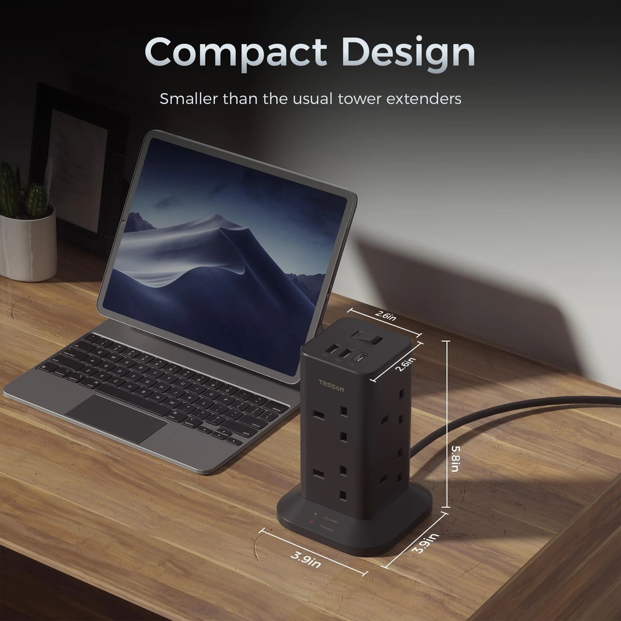 TESSAN - SG Safety Mark Tower Plug Extension with 8 Sockets & 3 USB Port , Black