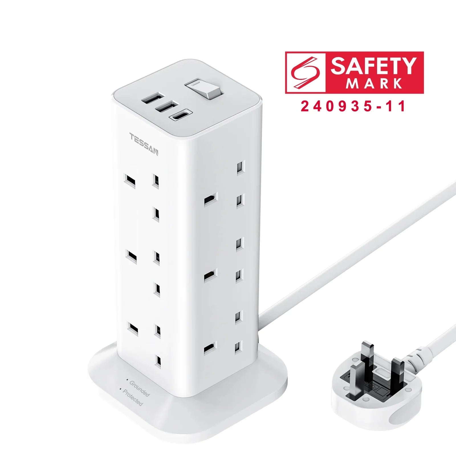 TESSAN - SG Safety Mark Tower 12 Plug Extension with 12 Sockets & 3 USB Port , White