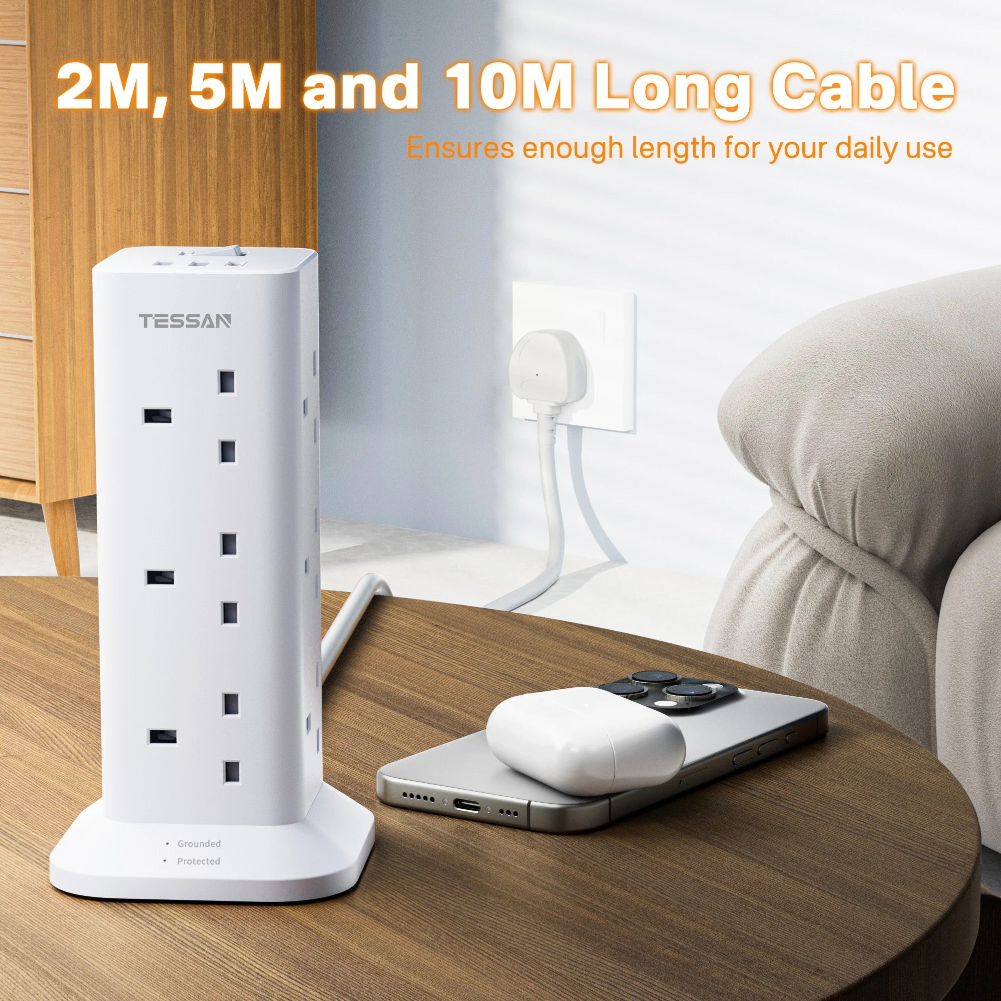 TESSAN - SG Safety Mark Tower 12 Plug Extension with 12 Sockets & 3 USB Port , White