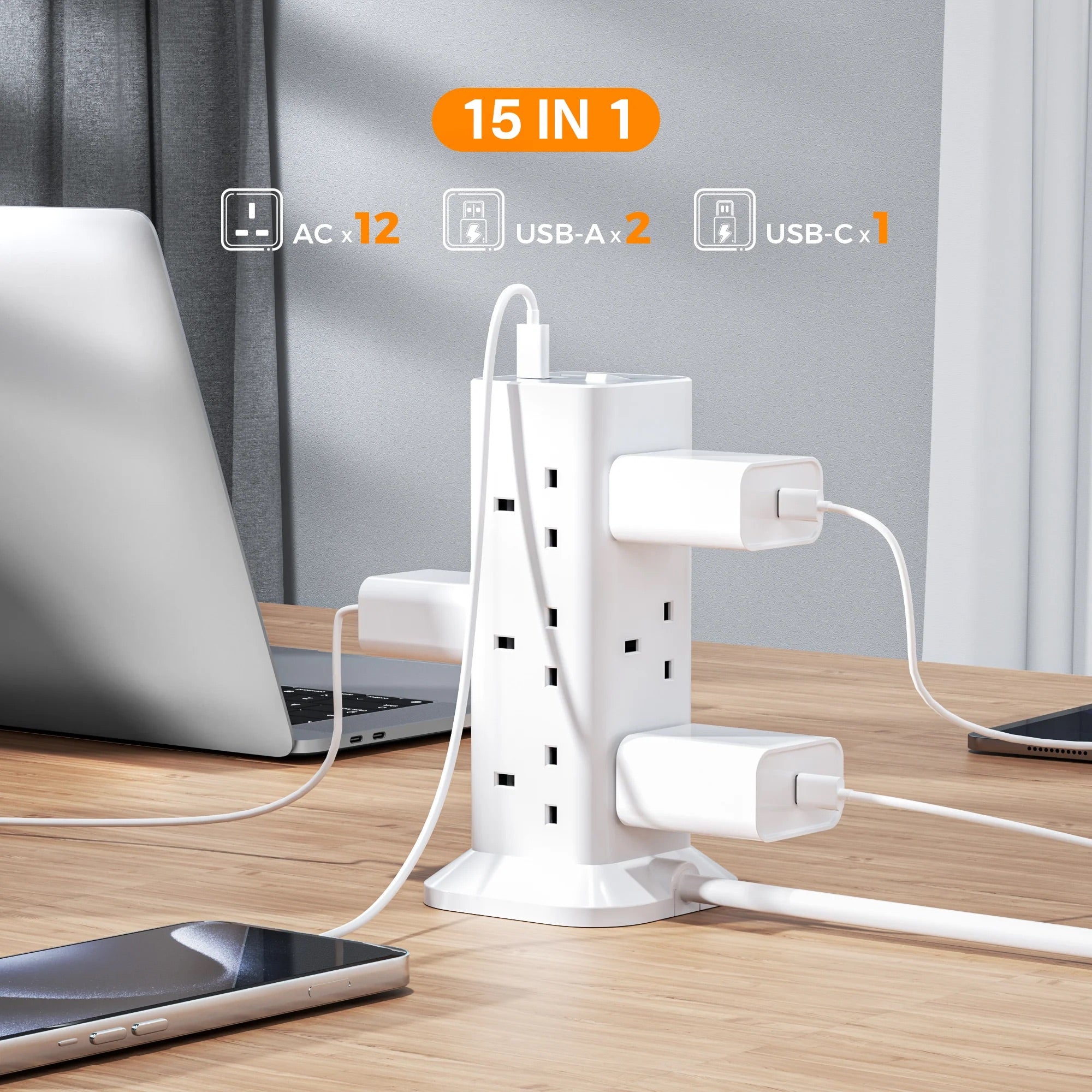 TESSAN - SG Safety Mark Tower 12 Plug Extension with 12 Sockets & 3 USB Port , White