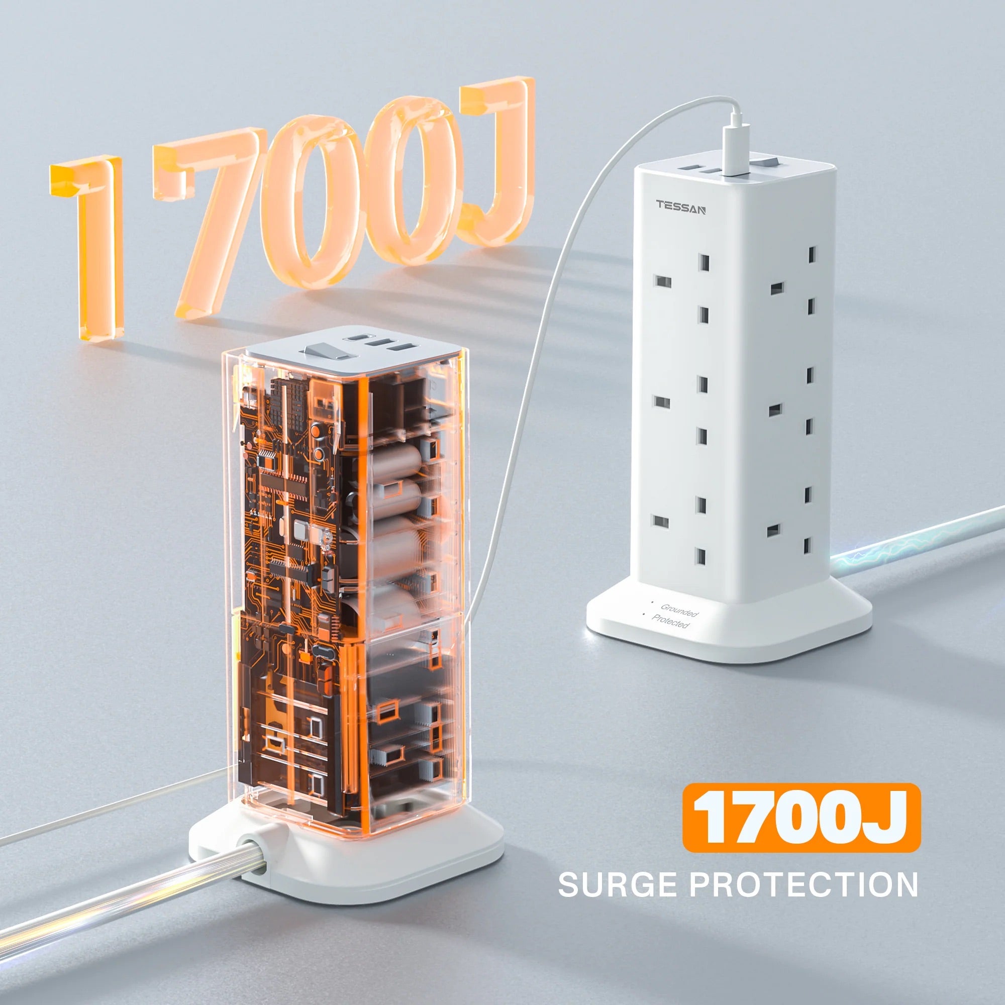 TESSAN - SG Safety Mark Tower 12 Plug Extension with 12 Sockets & 3 USB Port , White