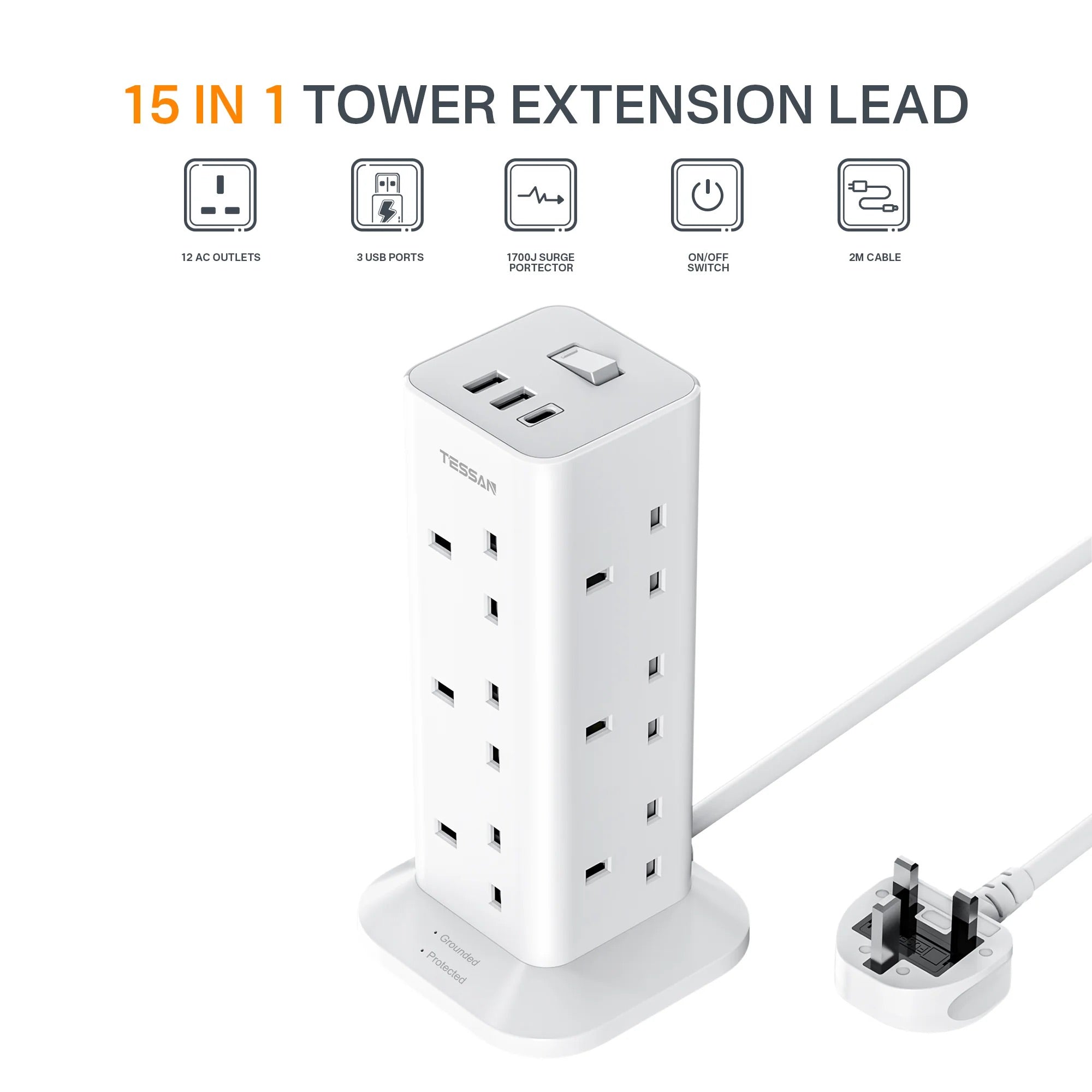 TESSAN - SG Safety Mark Tower 12 Plug Extension with 12 Sockets & 3 USB Port , White