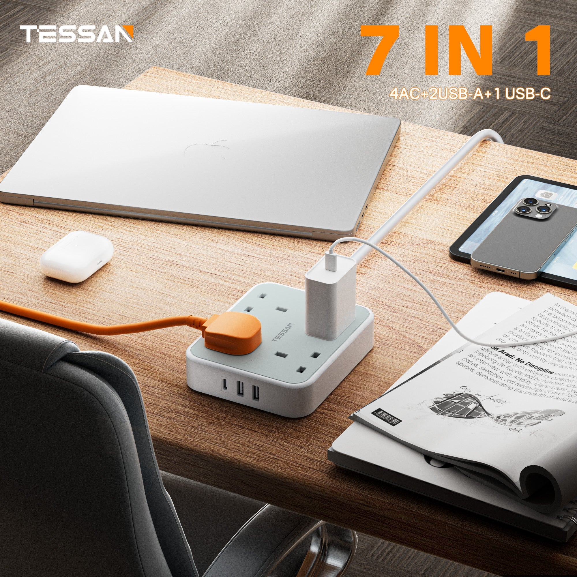 TESSAN - 4 Ways Extension Cords Leads with USB C Flat Long Power Strips Surge Protector
