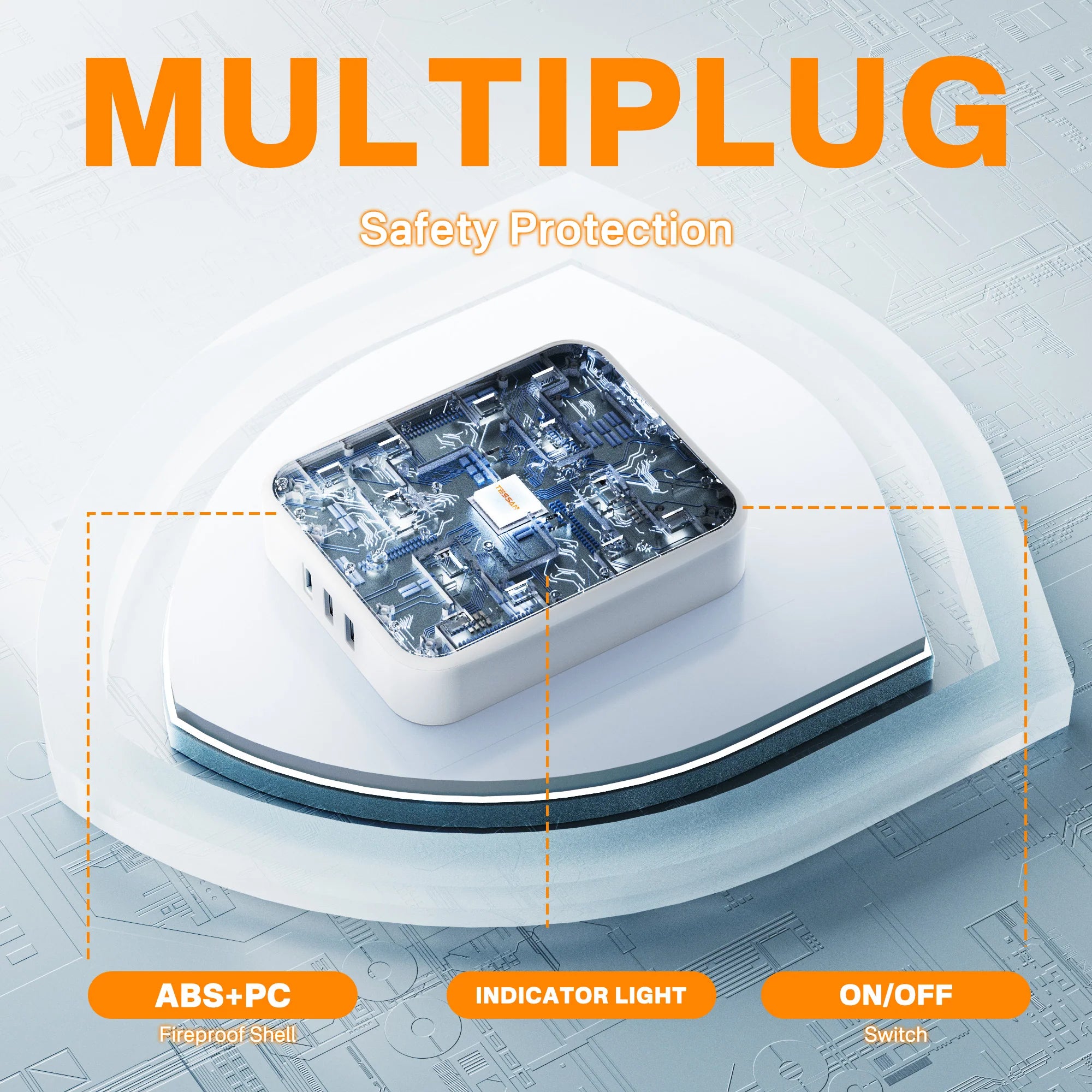 TESSAN - 4 Ways Extension Cords Leads with USB C Flat Long Power Strips Surge Protector