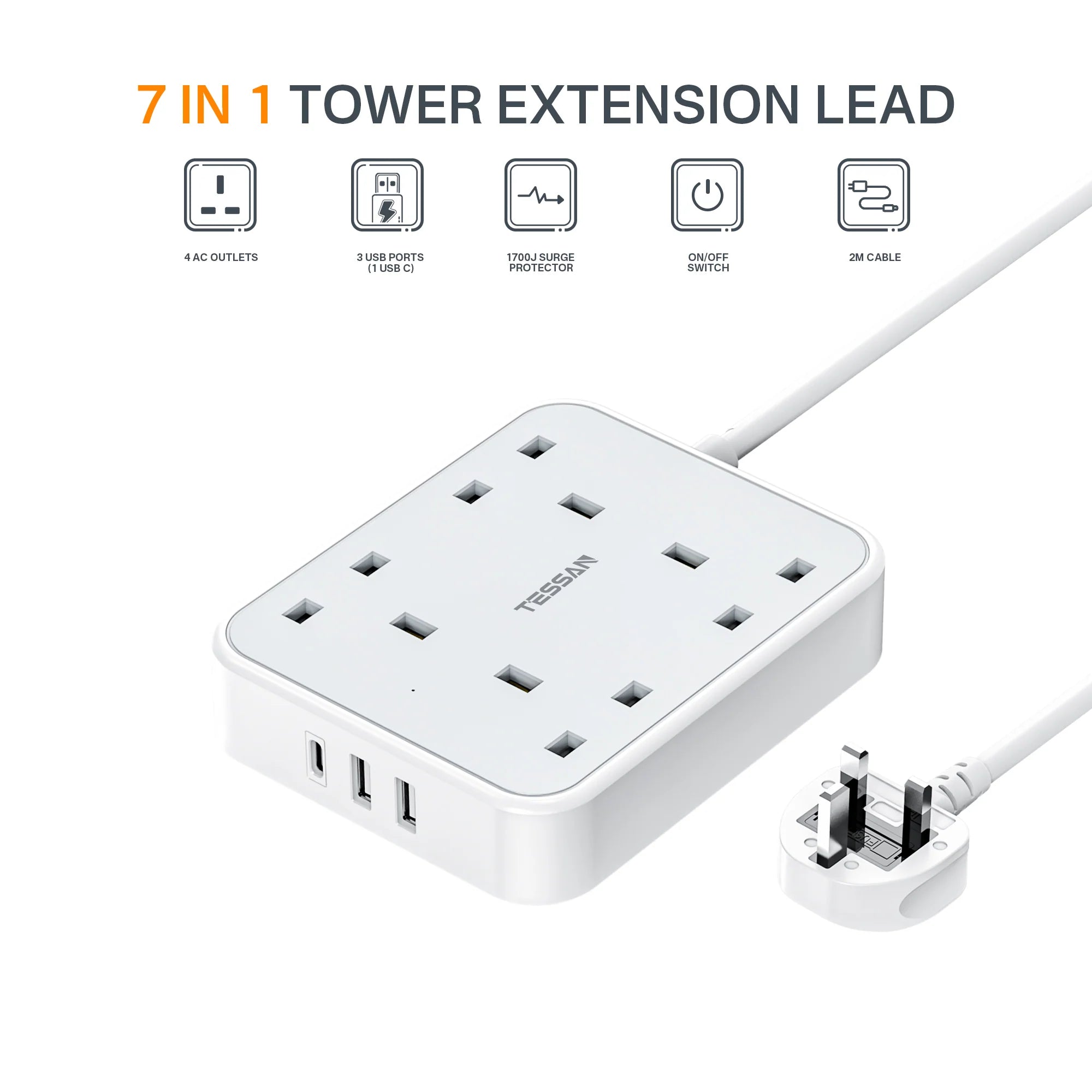 TESSAN - 4 Ways Extension Cords Leads with USB C Flat Long Power Strips Surge Protector