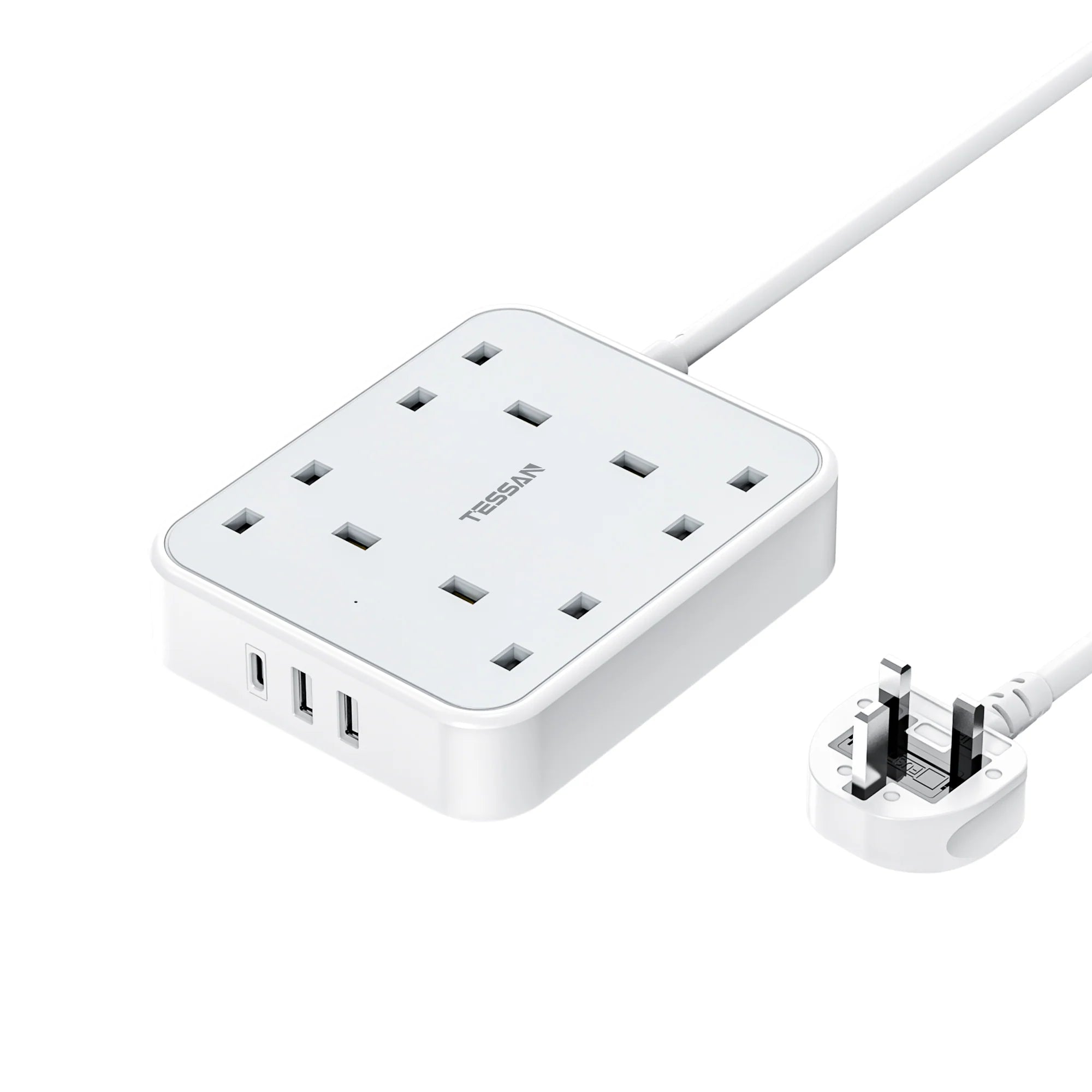 TESSAN - 4 Ways Extension Cords Leads with USB C Flat Long Power Strips Surge Protector