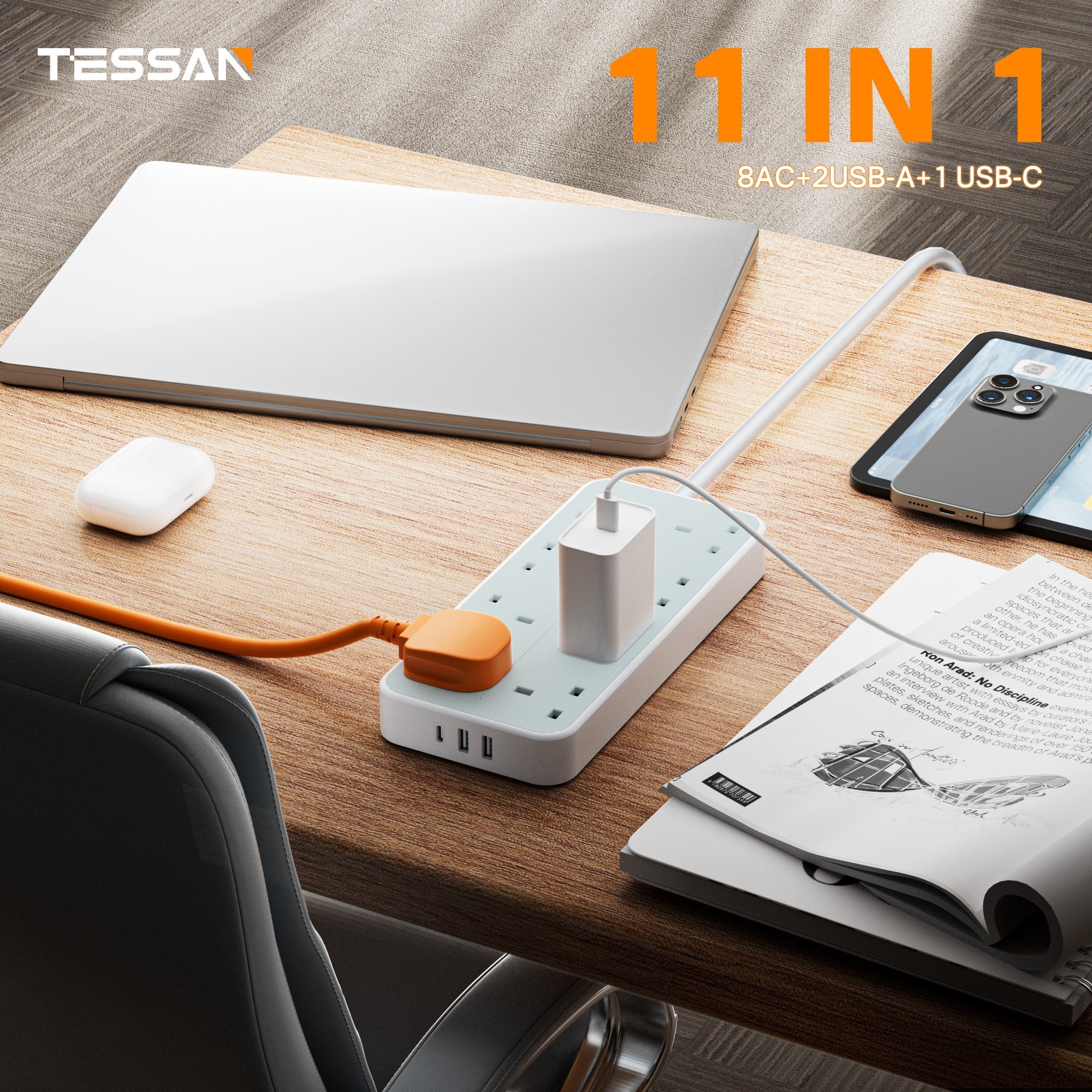 TESSAN - 11 in 1 Outlets Extension Cord 13A Multi Plug with 2M Cable / TS204