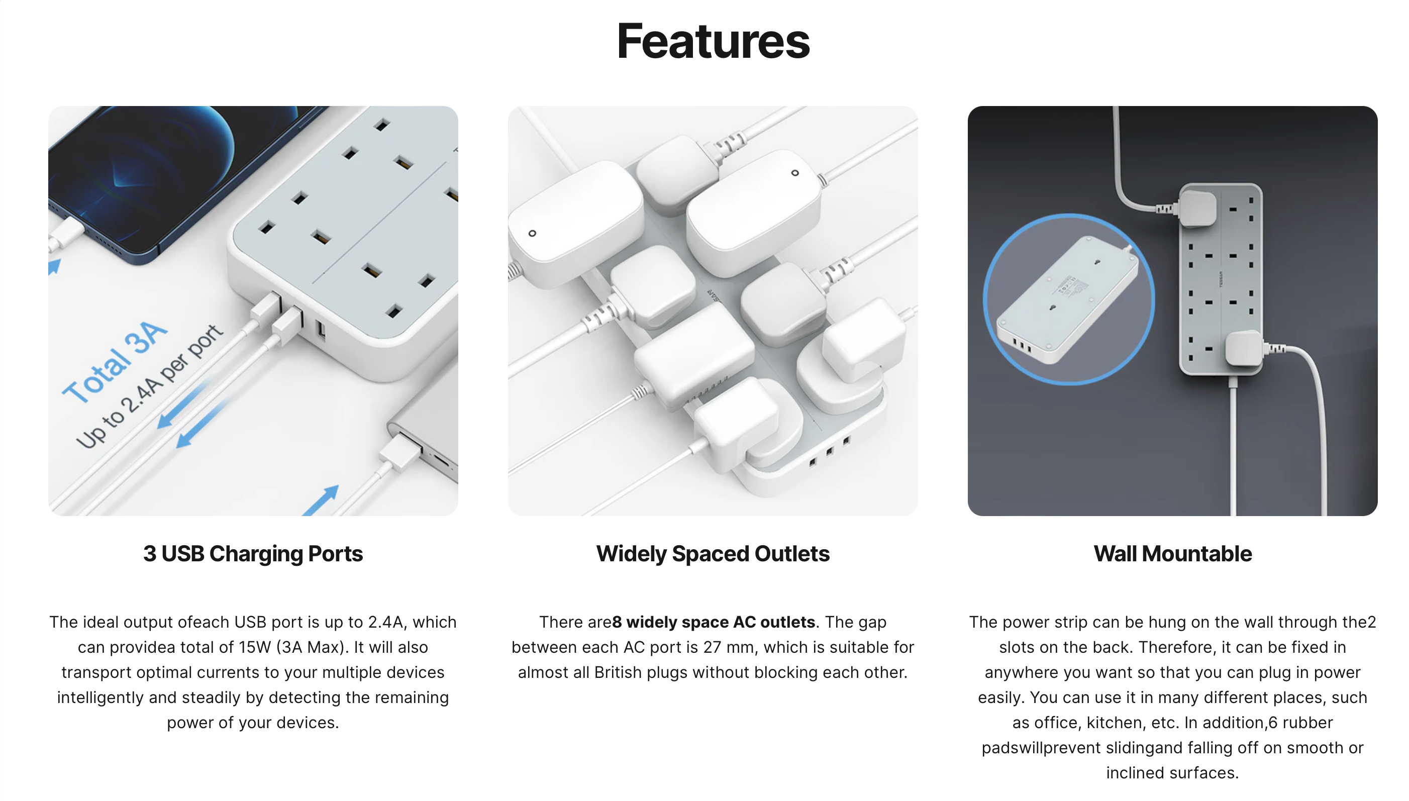TESSAN - 11 in 1 Outlets Extension Cord 13A Multi Plug with 2M Cable / TS204
