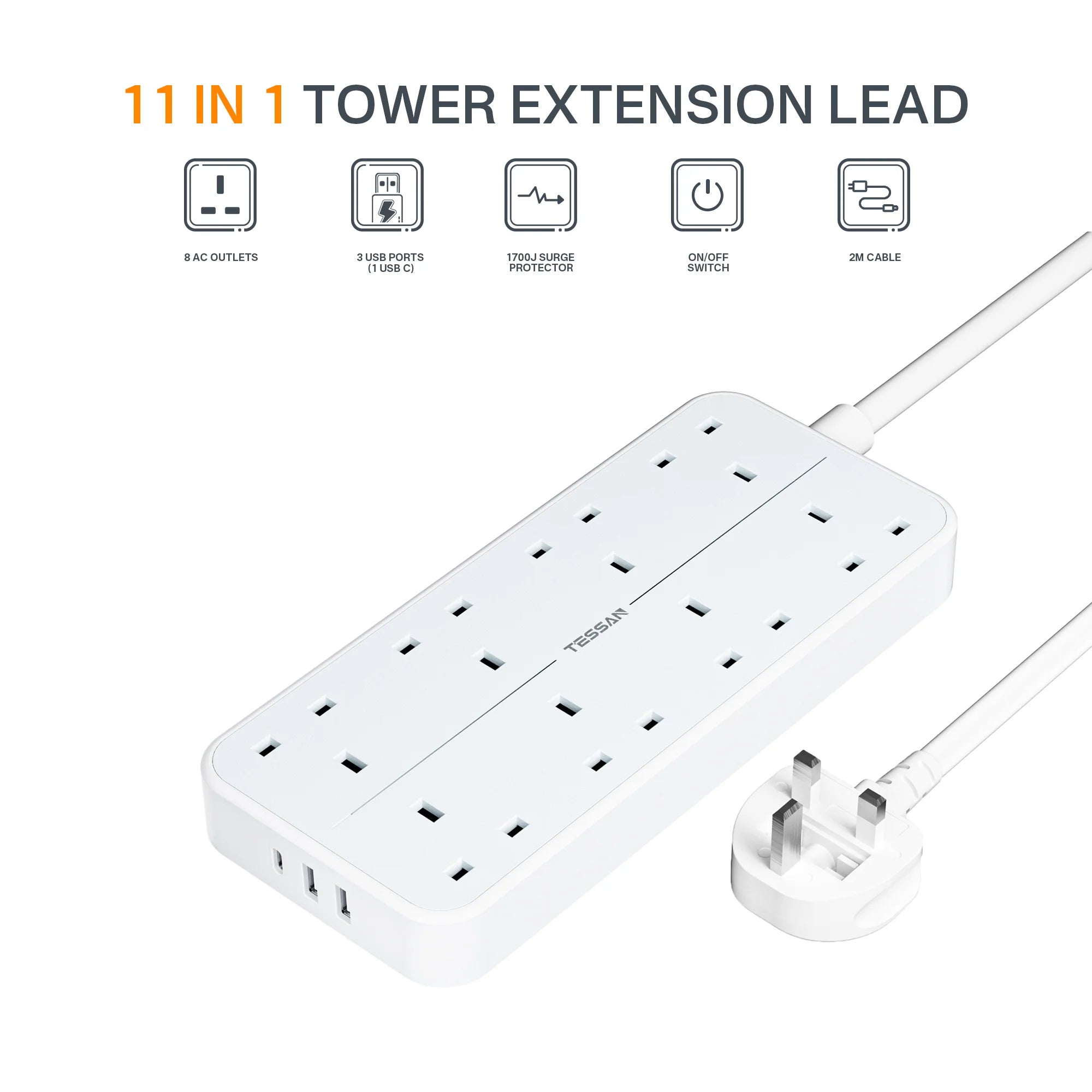 TESSAN - 11 in 1 Outlets Extension Cord 13A Multi Plug with 2M Cable / TS204