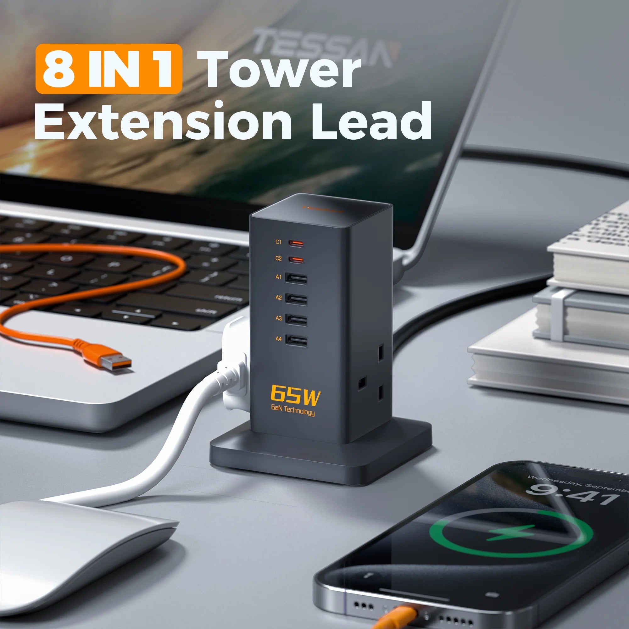 TESSAN Tower Plug Extension – 2 AC Sockets + 6 USB Ports, 65W GaN Fast Charger, Black