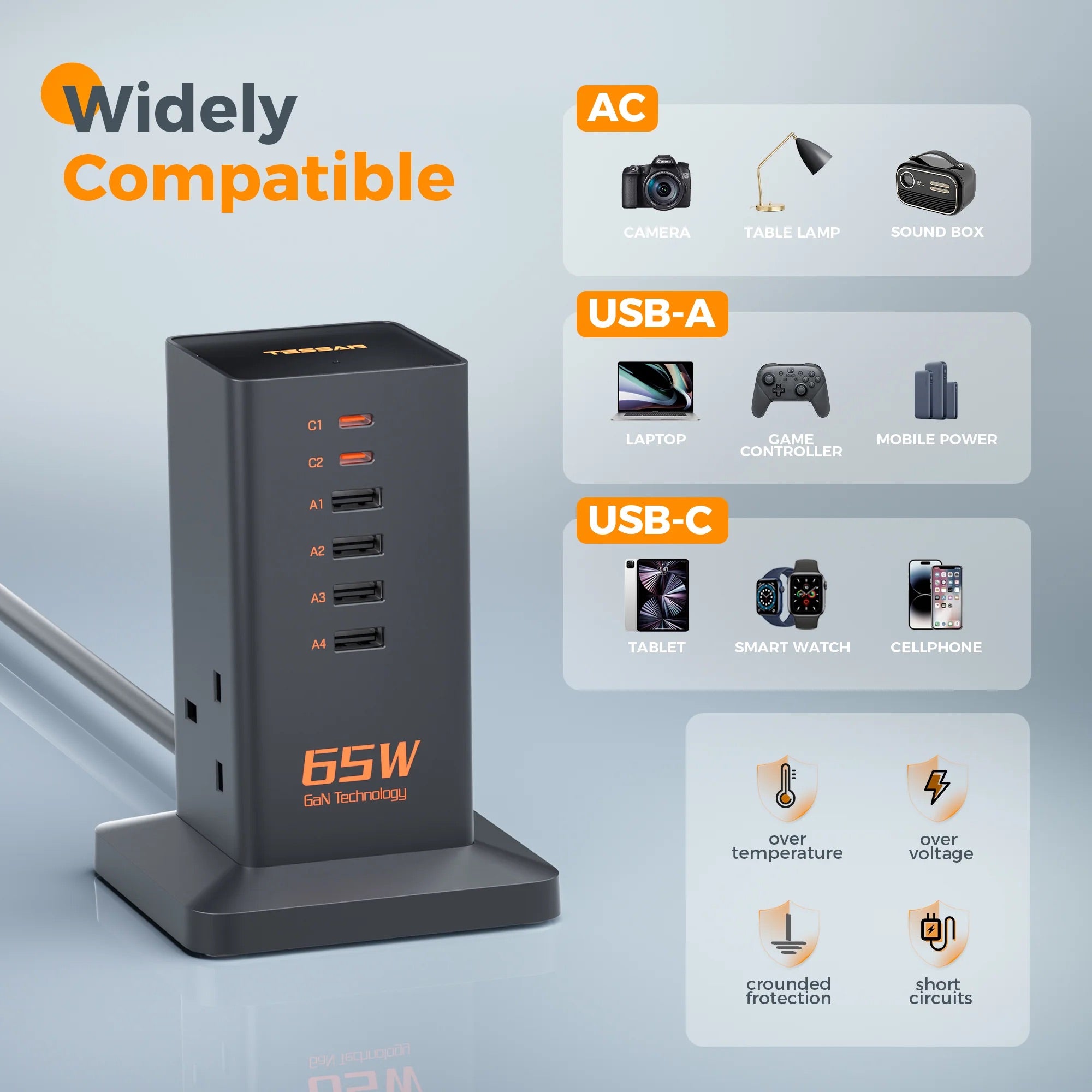 TESSAN Tower Plug Extension – 2 AC Sockets + 6 USB Ports, 65W GaN Fast Charger, Black