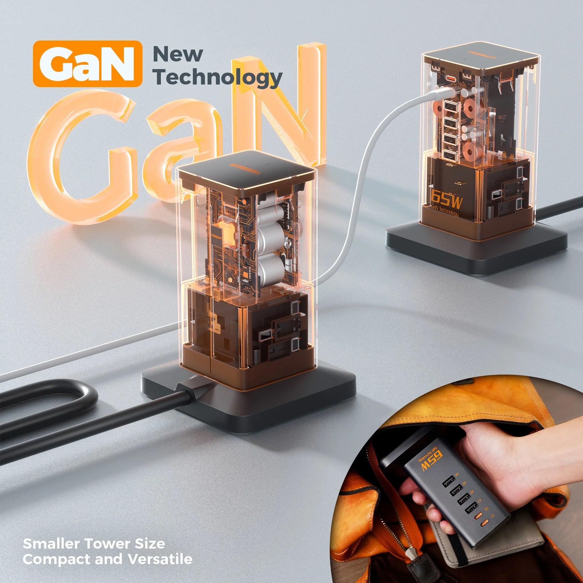 TESSAN Tower Plug Extension – 2 AC Sockets + 6 USB Ports, 65W GaN Fast Charger, Black