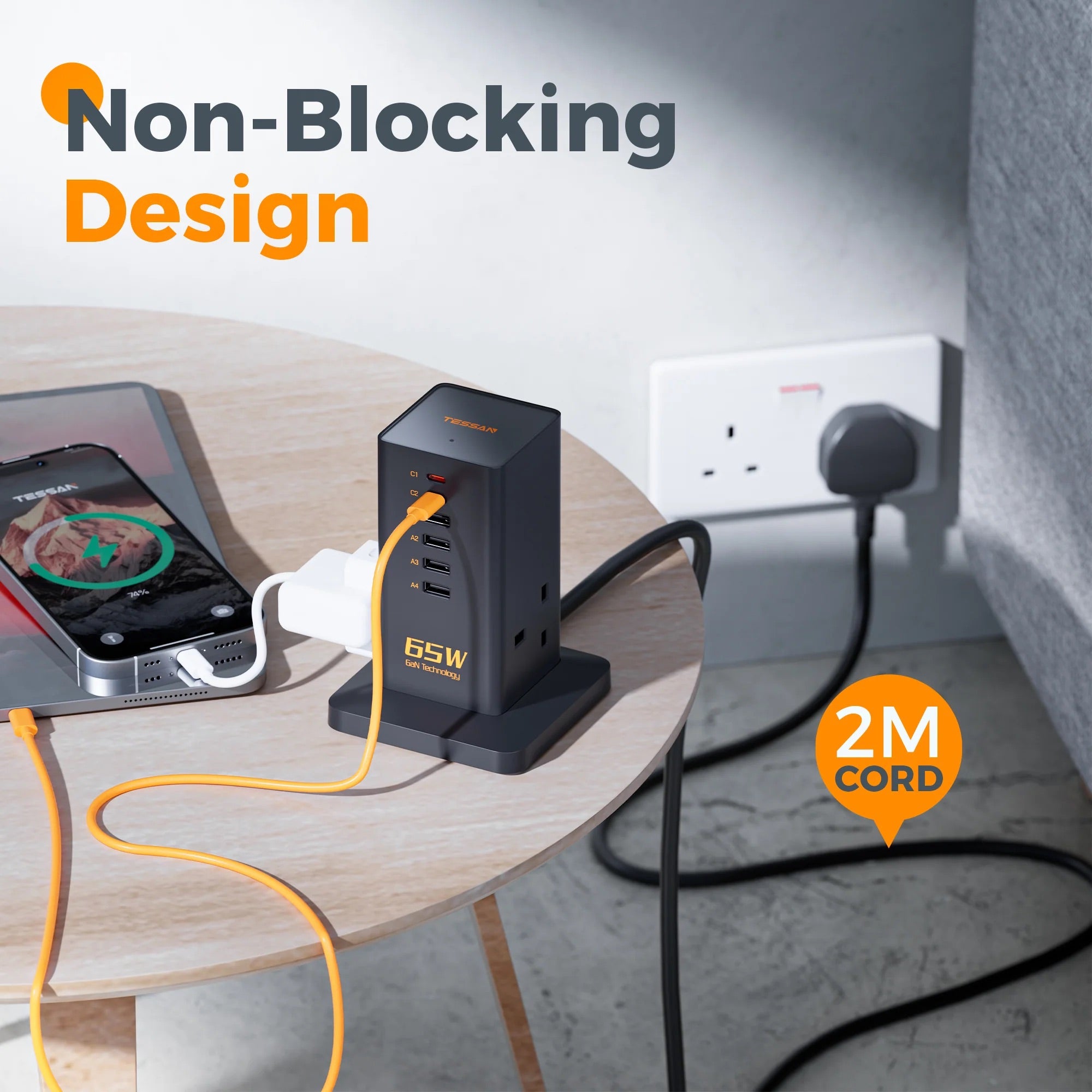 TESSAN Tower Plug Extension – 2 AC Sockets + 6 USB Ports, 65W GaN Fast Charger, Black