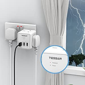 TESSAN - SG Safety Mark 5 in 1 Cube Wall Plug Extension 2 AC sockets , Black