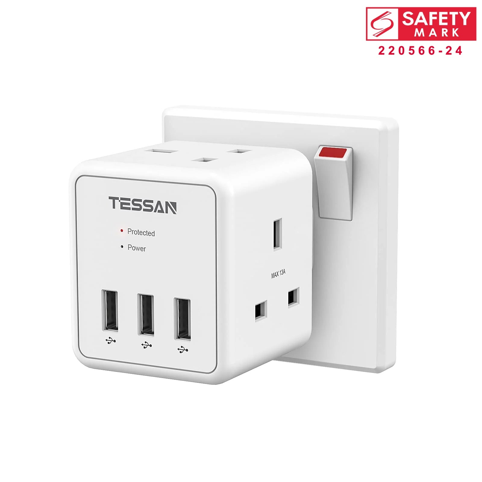 TESSAN - SG Safety Mark 5 in 1 Cube Wall Plug Extension 2 AC sockets with 3 USB A Ports