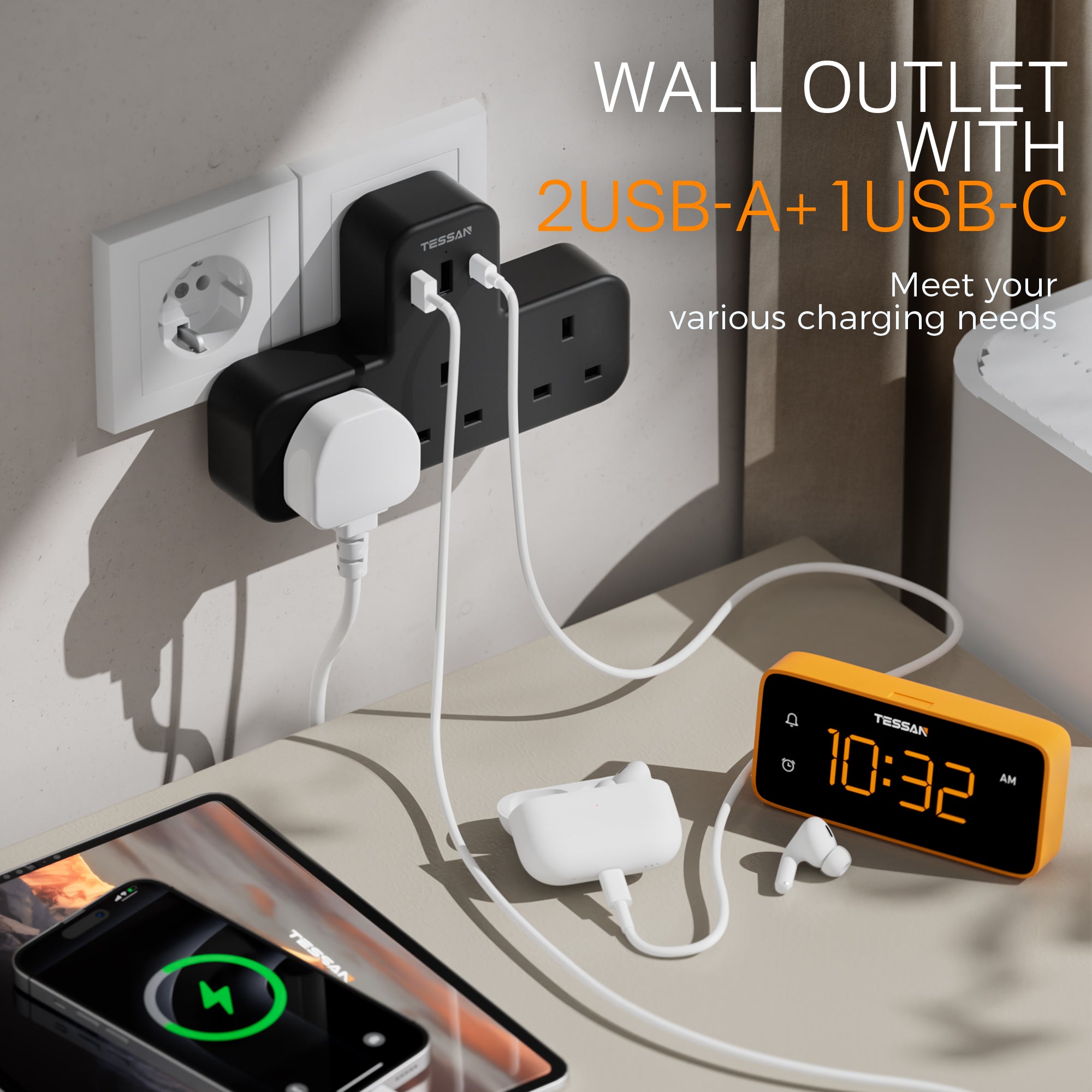 TESSAN - SG Safety Mark 6 in 1 Portable Sockets with USB Ports , Black