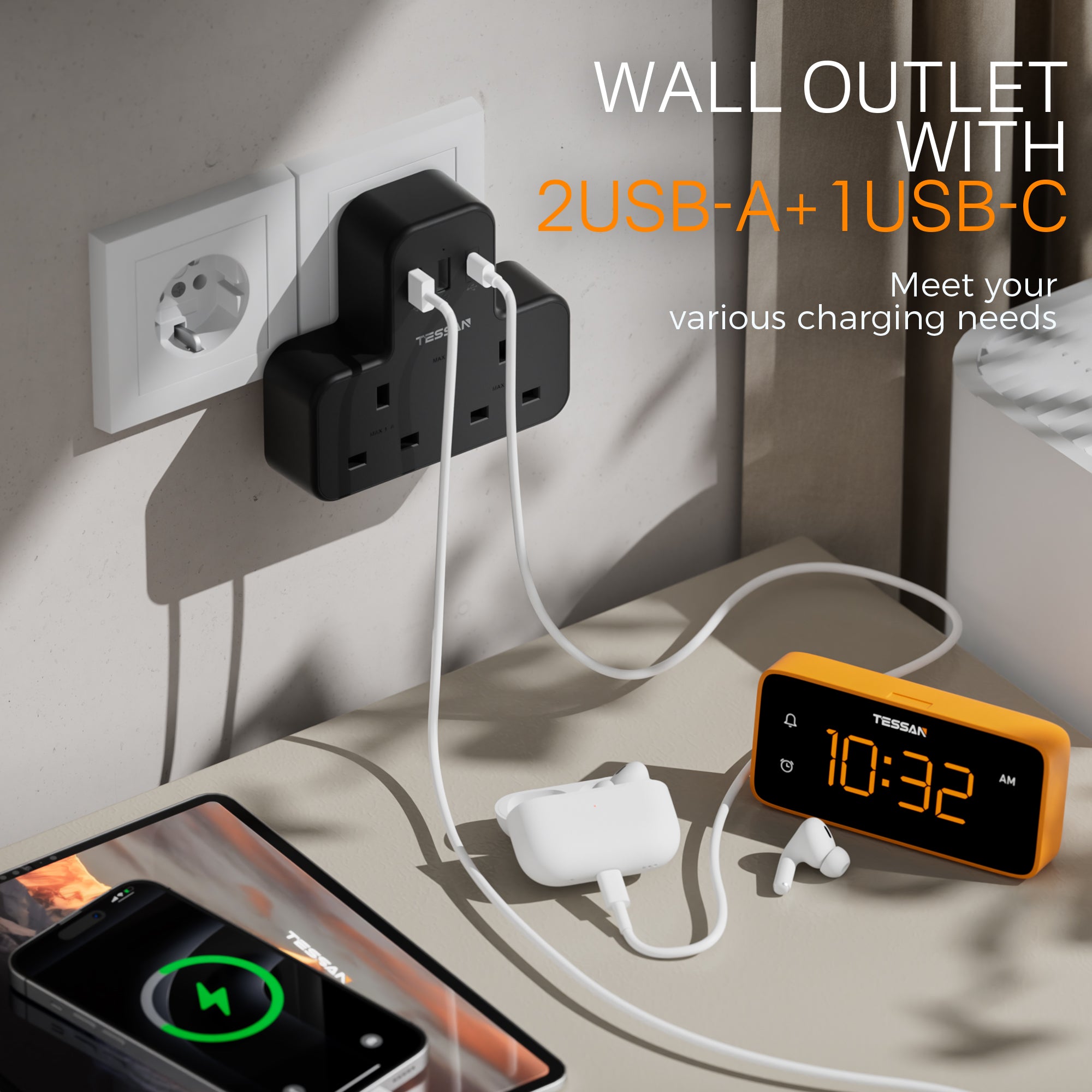 TESSAN - SG Safety Mark 5 in 1 Portable Sockets with USB Ports , Black