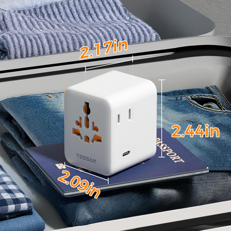 TESSAN - International 28W Plug Adaptor 2 AC with 3 USB C and 2 USB A Charging Ports