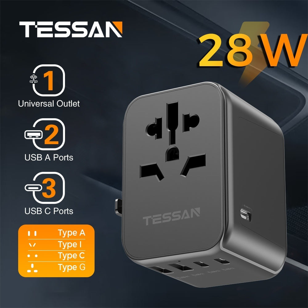 TESSAN - Universal Travel Plug 28W, international Power Adapter , Black