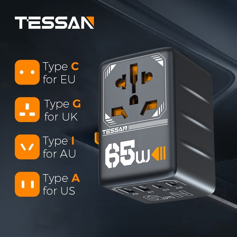 TESSAN - International 65W GaN Plug Adaptor with 2 USB C and 2 USB A Charging Ports
