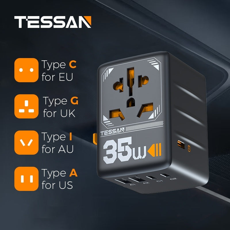 TESSAN - International 35W Plug Adaptor with 2 USB C and 3 USB A Charging Ports