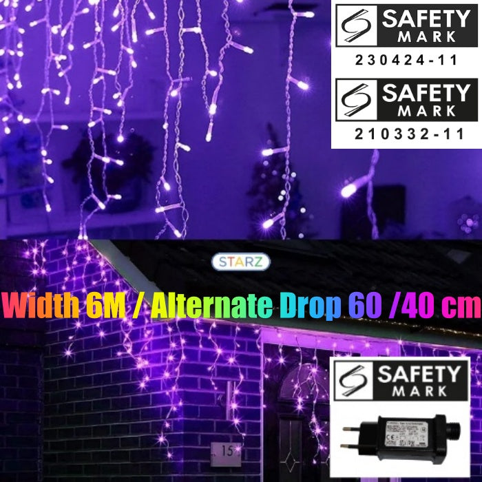 SG Safety Mark - 31V 6 Meters Width 100 Led icicle Led Fairy Curtain Light, Purple