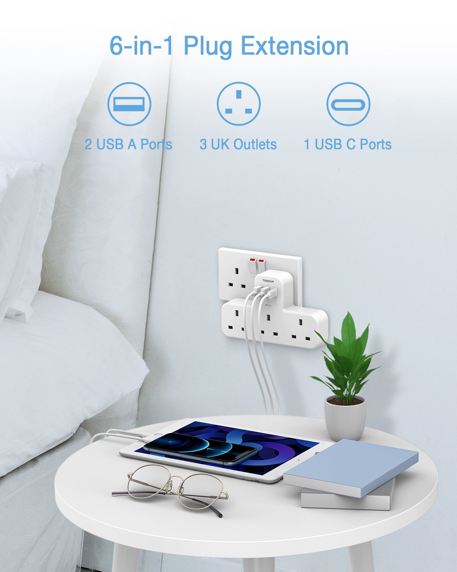 TESSAN - SG Safety Mark 6 in 1 Portable Sockets with USB Ports , White