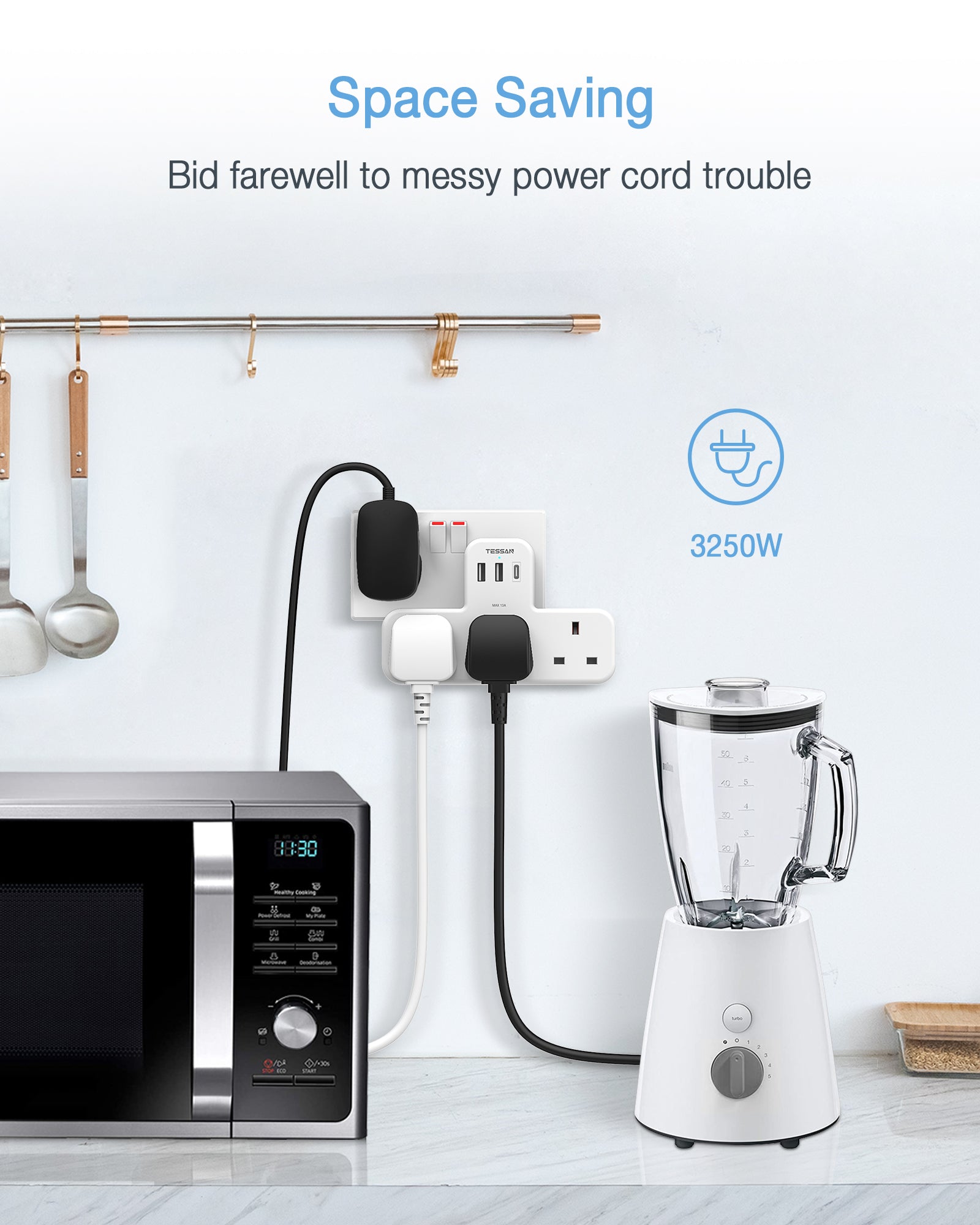 TESSAN - SG Safety Mark 6 in 1 Portable Sockets with USB Ports , White