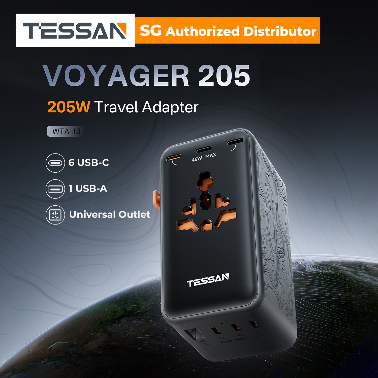 TESSAN - 205W Universal Travel Plug Adapter International Travel Adapter Worldwide with USB Type C