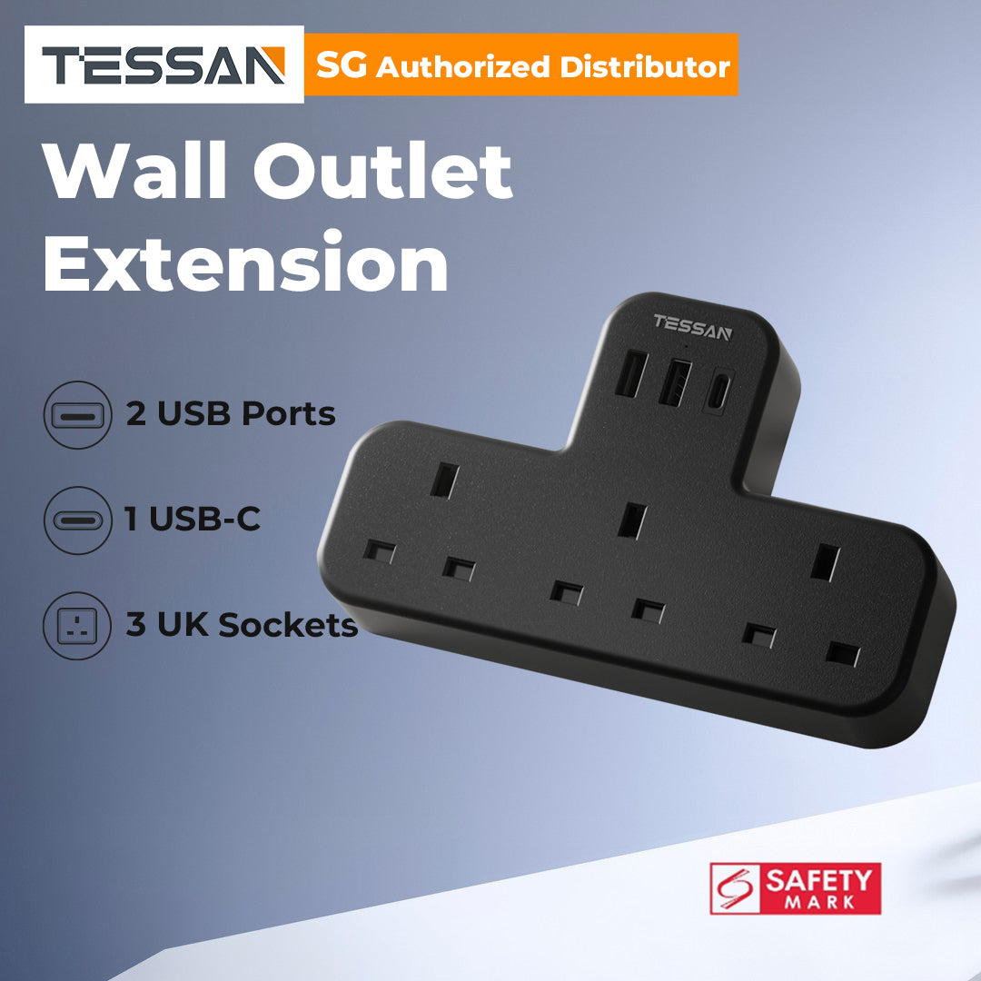 TESSAN - SG Safety Mark 6 in 1 Portable Sockets with USB Ports , Black