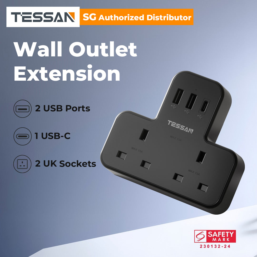 TESSAN - SG Safety Mark 5 in 1 Portable Sockets with USB Ports , Black
