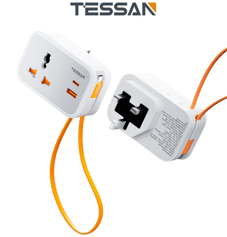 TESSAN - Wall Plug Socket Extender with 30 cm USB-C Cable Universal Gang and 2 USB Port