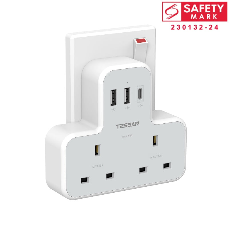 TESSAN - SG Safety Mark 5 in 1 Portable Sockets with USB Ports , White