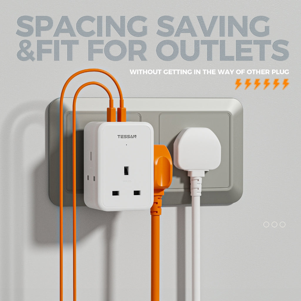 TESSAN - 6 in 1 Wall Socket Multi Plug 3 UK Main with 2 USB A & 1 USB C