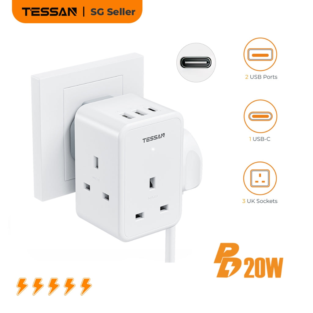 TESSAN - 6 in 1 Wall Socket Multi Plug 3 UK Main with 2 USB A & 1 USB C