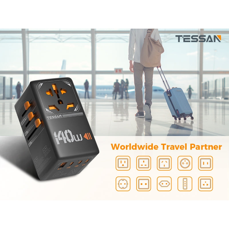 TESSAN - International 140W GaN Plug Adaptor with 3 USB C and 1 USB A Charging Ports