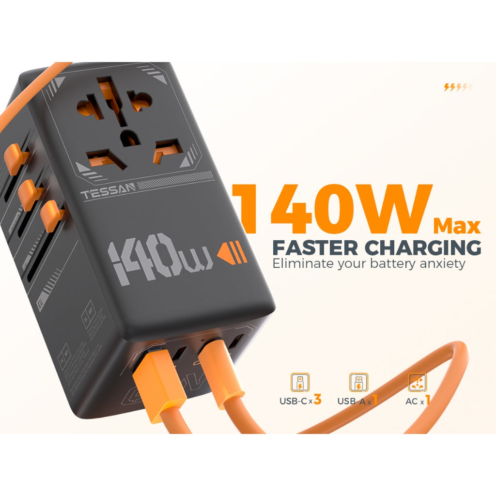 TESSAN - International 140W GaN Plug Adaptor with 3 USB C and 1 USB A Charging Ports