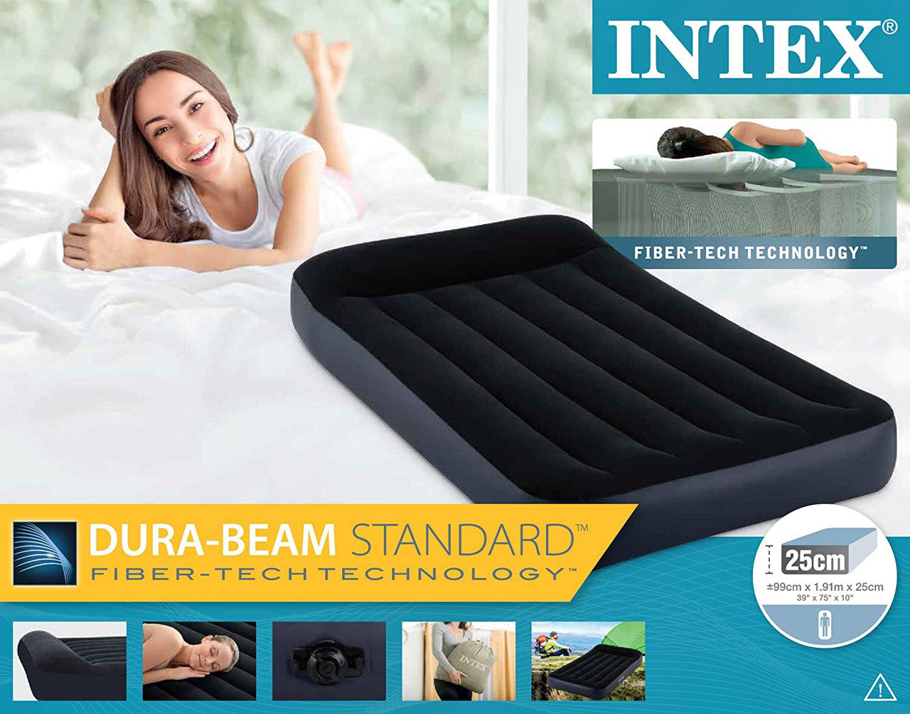 INTEX Fiber Tech Dura Beam Super Single Black Headrest with Electric Pump