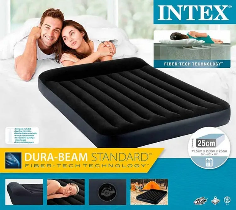 INTEX Fiber Tech Dura Beam Super Queen Black Head Rest Air Bed with Electric Pump