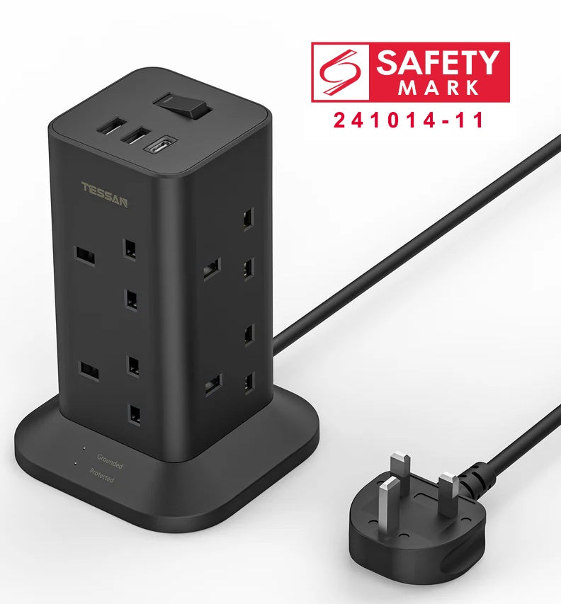 TESSAN - SG Safety Mark Tower Plug Extension with 8 Sockets & 3 USB Port , Black