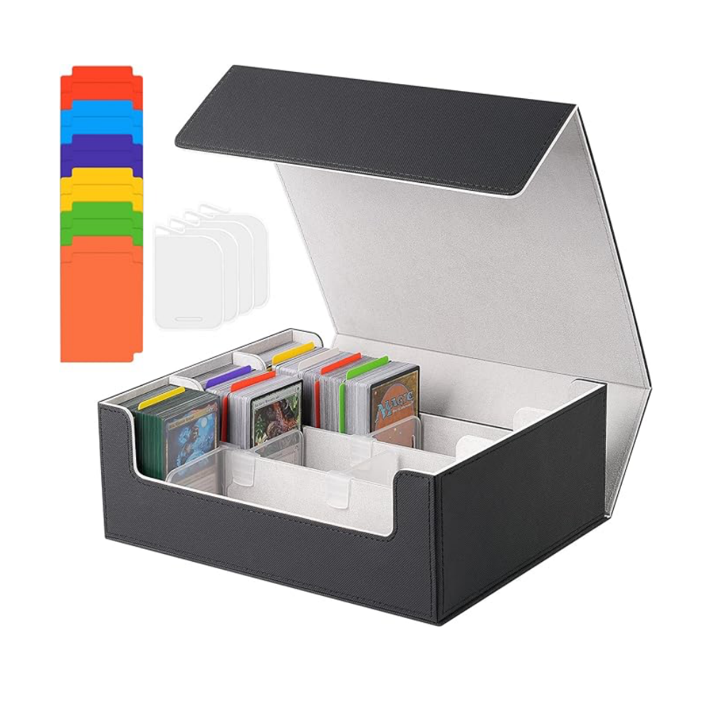 3 Rows Trading Card Storage Box Top Covered - 2400+ Commander Deck Case for Magic the Gathering Pokemon YuGiOh Sports Cards, Leather MTG TCG PTCG with 12 PVC Dividers 4 Card Supporters