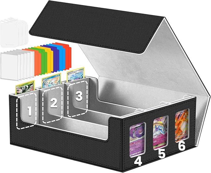 3 Rows Trading Card Storage Box 6 Side Window - 2400+ Commander Deck Case for Magic the Gathering Pokemon YuGiOh Sports Cards, Leather MTG TCG PTCG with 12 PVC Dividers 4 Card Supporters