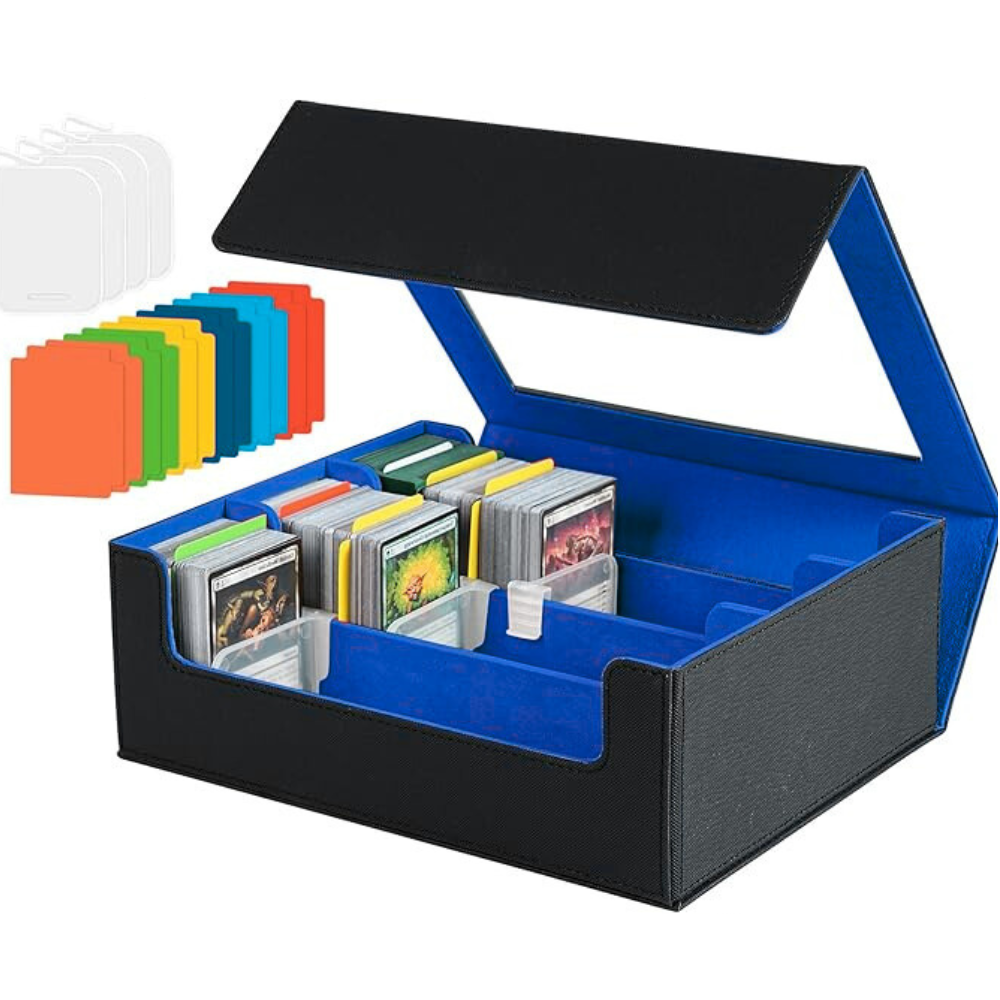 3 Rows Trading Card Storage Box Top Window - 2400+ Commander Deck Case for Magic the Gathering Pokemon YuGiOh Sports Cards, Leather MTG TCG PTCG with 12 PVC Dividers 4 Card Supporters